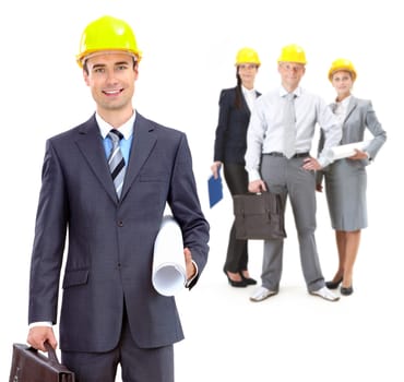 Collage of confident architects in helmets with their leader in front