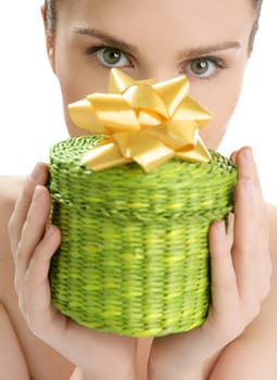Beautiful woman portrait with a green present gift