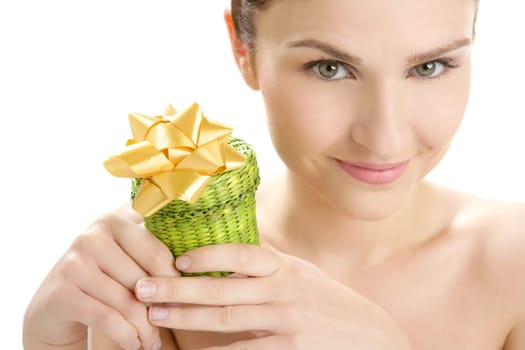 Beautiful woman portrait with a green present gift