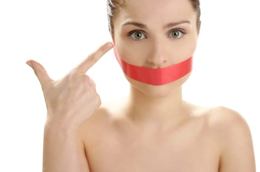 Beautiful woman with red tape on mouth portrait isolated on white