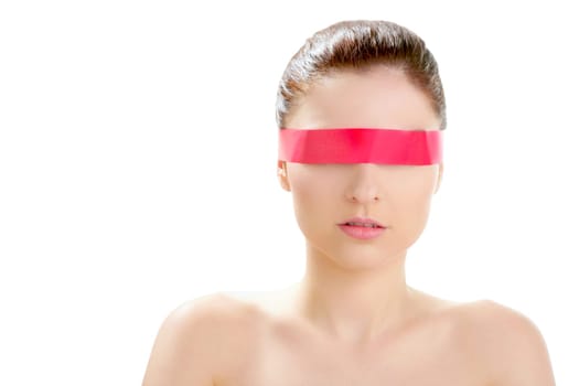 Beautiful cosmetic woman clean portrait, with red tape in eyes