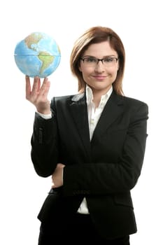 Businesswoman portrait with global map, isolated on white studio background
