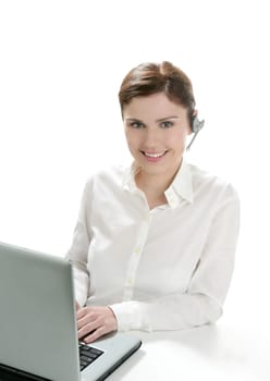 Business helpdesk with beautiful woman and headphones micro