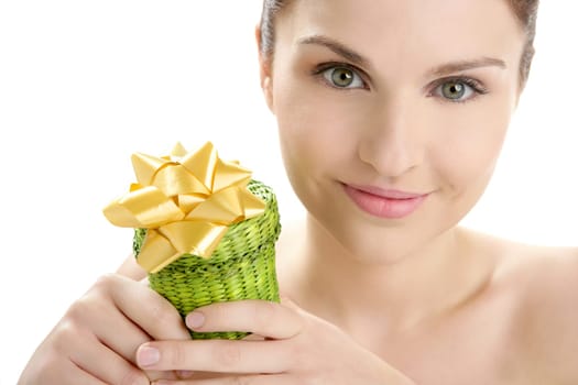 Beautiful woman portrait with a green present gift