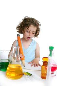 Beautiful chemistry little girl playing on a laboratory