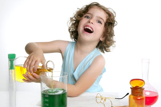 Beautiful chemistry little girl playing on a laboratory