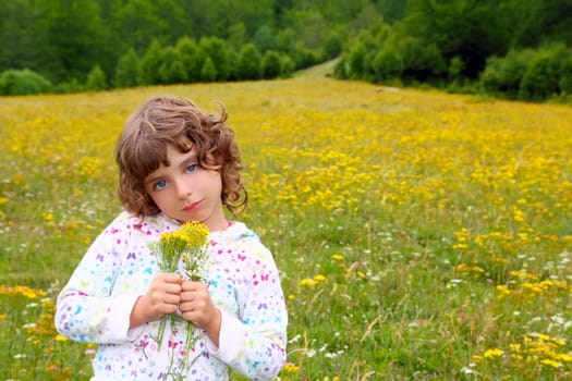 Girl picking flowers in yellow spring meadow beautiful scenic in Pyrenees spain