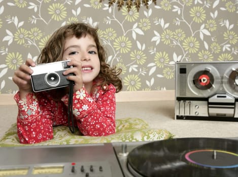 camera retro photo little girl in vintage room wallpaper