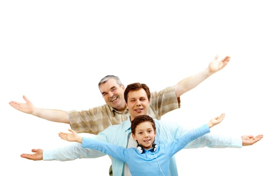 Portrait of a father, grandfather and son with stretched arms