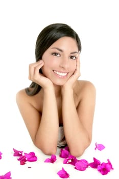 Beautiful indian woman portrait with bougainvilleas flowers over white