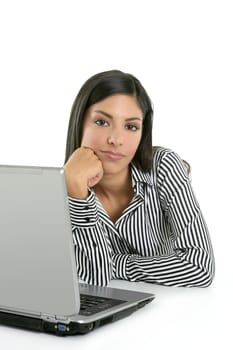 Beautiful indian brunette businesswoman with laptop computer isolated on white