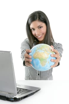 Brunette businesswoman with global map in her hands, communication metaphor