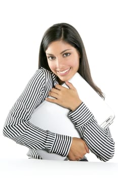 Brunette woman hug laptop computer, she love her work
