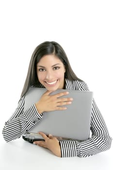 Beautiful indian brunette businesswoman with laptop computer isolated on white