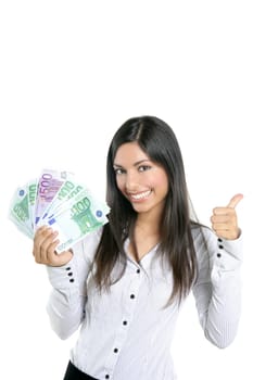 Beautiful sucess businesswoman holding Euro notes isolated on white