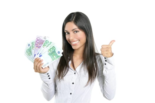 Beautiful sucess businesswoman holding Euro notes isolated on white