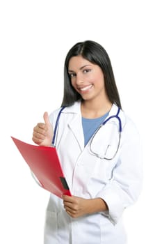 Berautiful brunette indian young happy doctor woman isolated on white