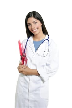 Berautiful brunette indian young happy doctor woman isolated on white