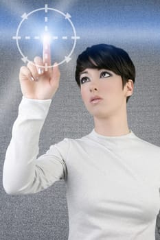 digital finger scan woman touch pad light futuristic businesswoman