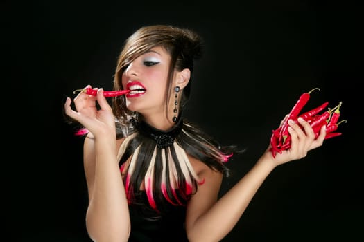 Attractive fashion brunette with red hot chili peppers