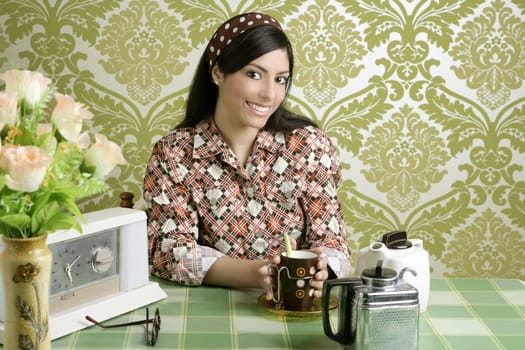 Retro woman drinking coffee on kitchen vintage wallpaper