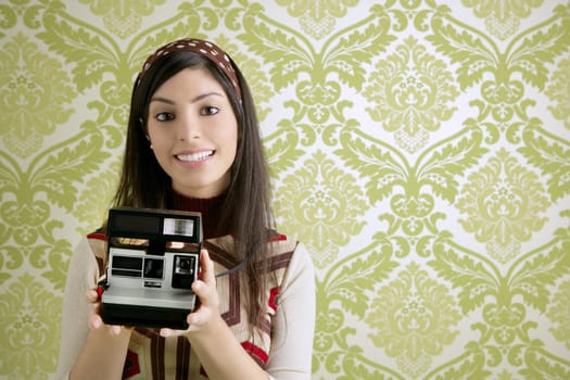 Retro photo camera shooting woman green sixties wallpaper vintage