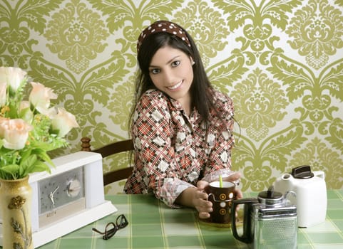 Retro woman drinking coffee on kitchen vintage wallpaper