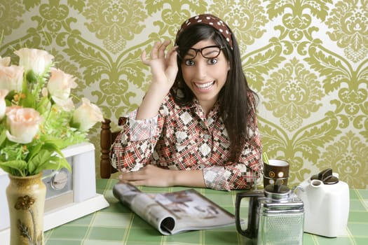 coffee retro woman kitchen coffee with magazine vintage wallpaper