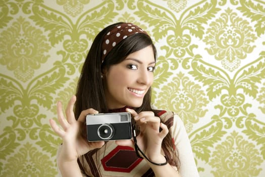 Retro photo camera shooting woman green sixties wallpaper vintage