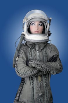 aircraft  astronaut spaceship helmet woman fashion portrait over blue