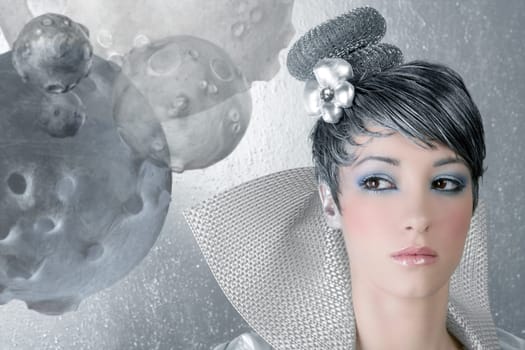 fahion makeup hairstyle woman futuristic trendy silver portrait