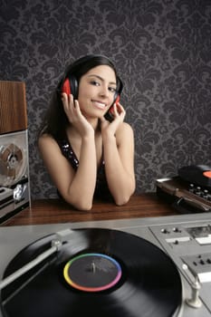 Dj retro woman vintage vinyl turntable music open reel tape recorder