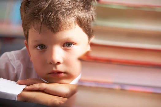 Face of diligent schoolboy looking at camera in the library