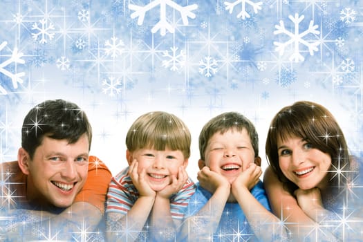 Photo of laughing family on winter snowflake background