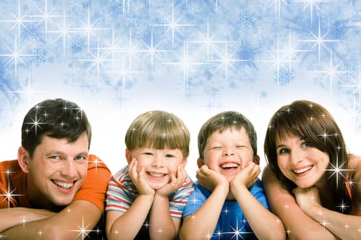 Portrait of happy family members looking at camera with laugh