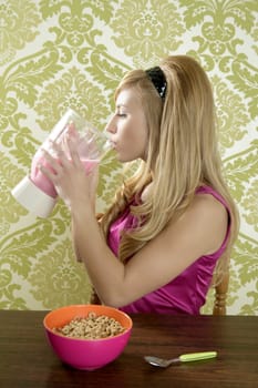 retro woman drinking strawberry milkshake blender kitchen