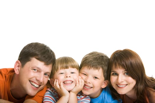 Line of happy family members having fun and looking at camera