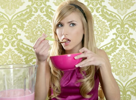 Retro woman breakfast eating corn flakes wallpaper background