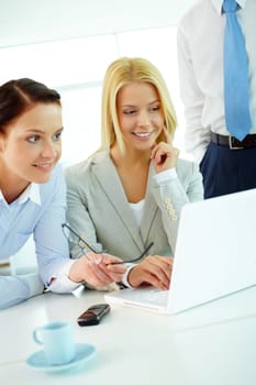 Portrait of pretty colleagues looking at laptop screen in office