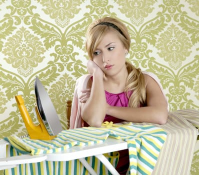 Retro housewife vintage woman clotes iron tired of working