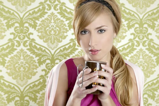 coffee retro woman vintage cup portrait green wallpaper