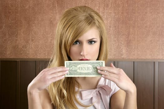 dollar note retro woman holding hand hiding face vintage office