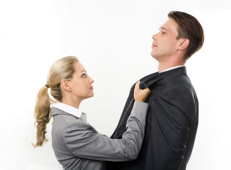 Conceptual image of business lady having fight with her colleague