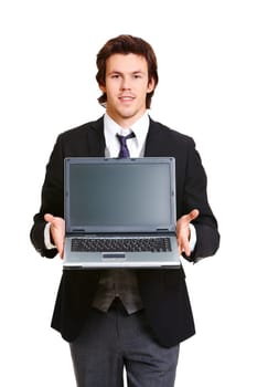 Portrait of elegant businessman showing laptop and looking at camera