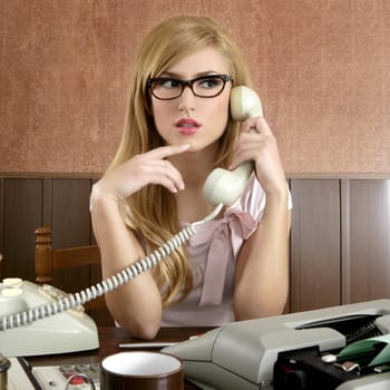 beautiful retro businesswoman vintage secretary wooden office and glasses talking telephone