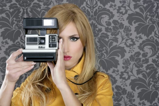 fashion photographer retro camera reporter woman vintage wallpaper yellow coat