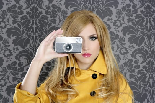 fashion photographer retro camera reporter woman vintage wallpaper yellow coat