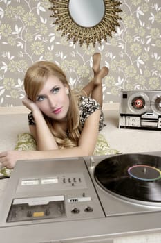audiophile retro woman vinyl turntable music and open reel tape recorder