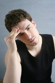 worried gesture pain young man stressed headache portrait