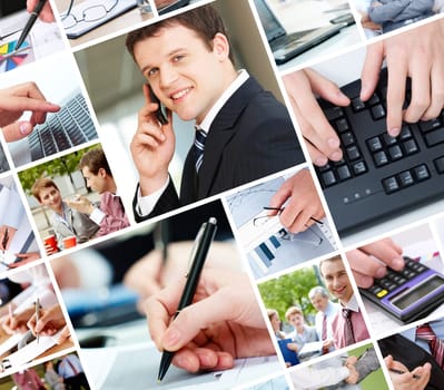 Collage of technology in business, white collar workers and objects